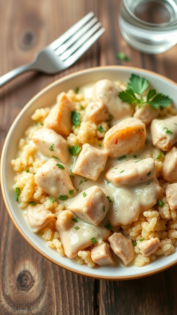 A bowl of quinoa chicken alfredo with chicken pieces and parsley on a wooden table.